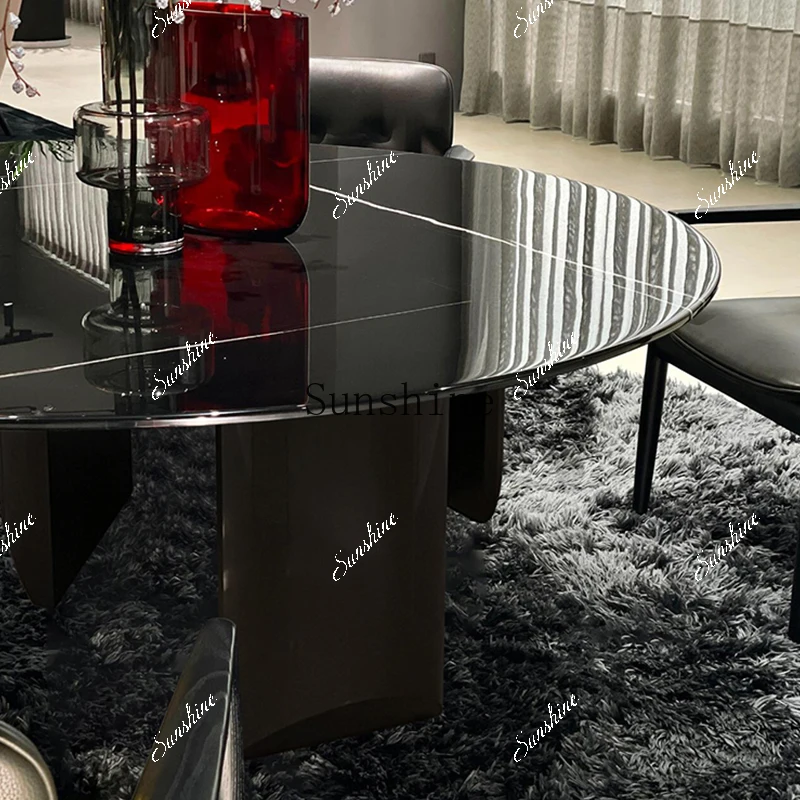 

Natural black and white root luxury stone dining table Italian light luxury high-end dining table with turntable FT