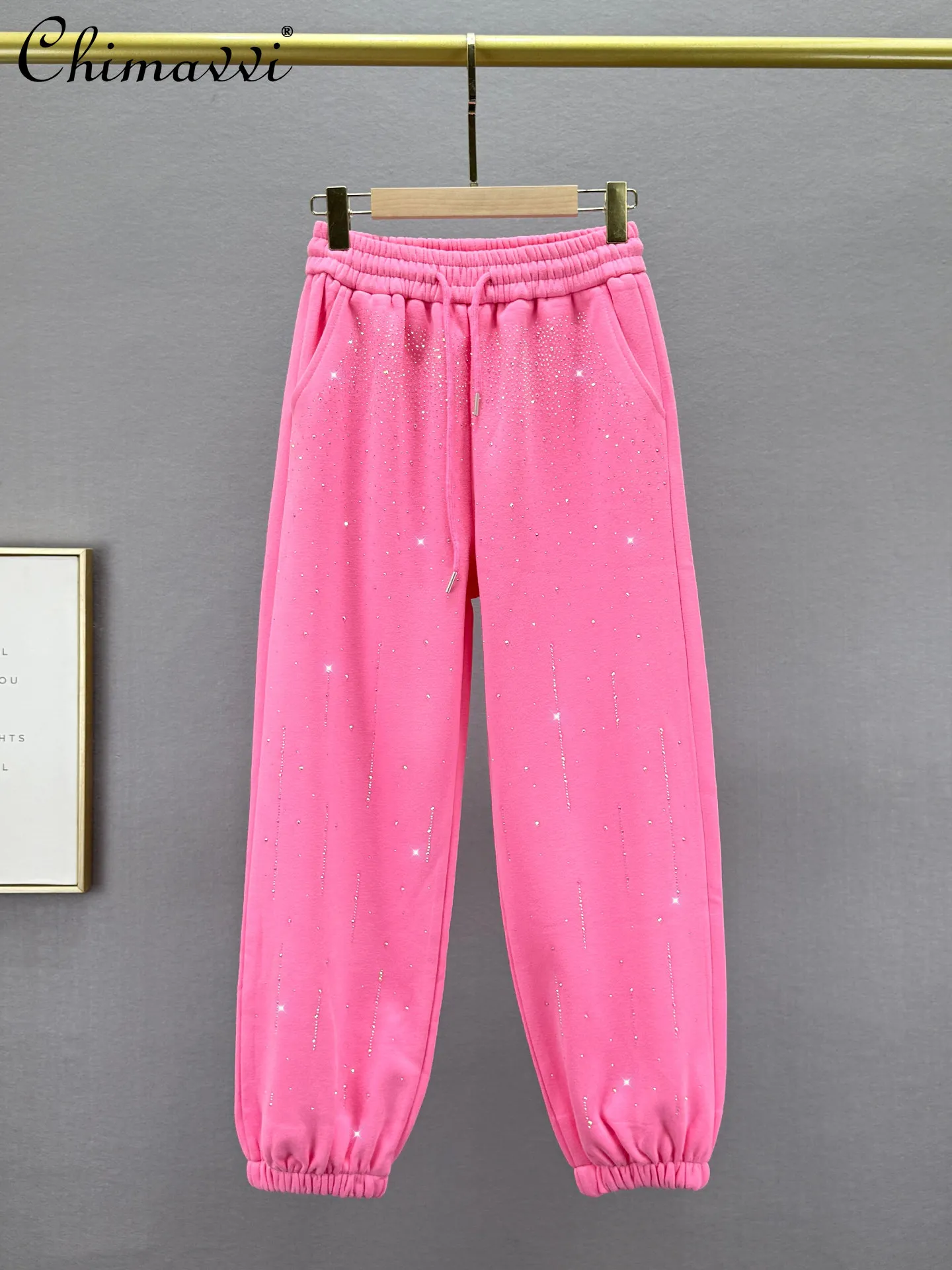 

Модные спортивные штаны на флисовой подкладке, женские зимние новые свободные тонкие брюки с высокой талией в европейском стиле, брюки с девятью точками со стразами, шаровары для бега