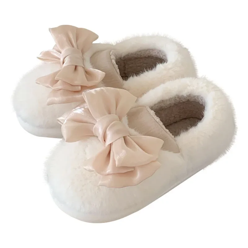 Autumn and winter sweet cute bow plush sandals casual padded warm soft bottom winter ladies home cotton slippers