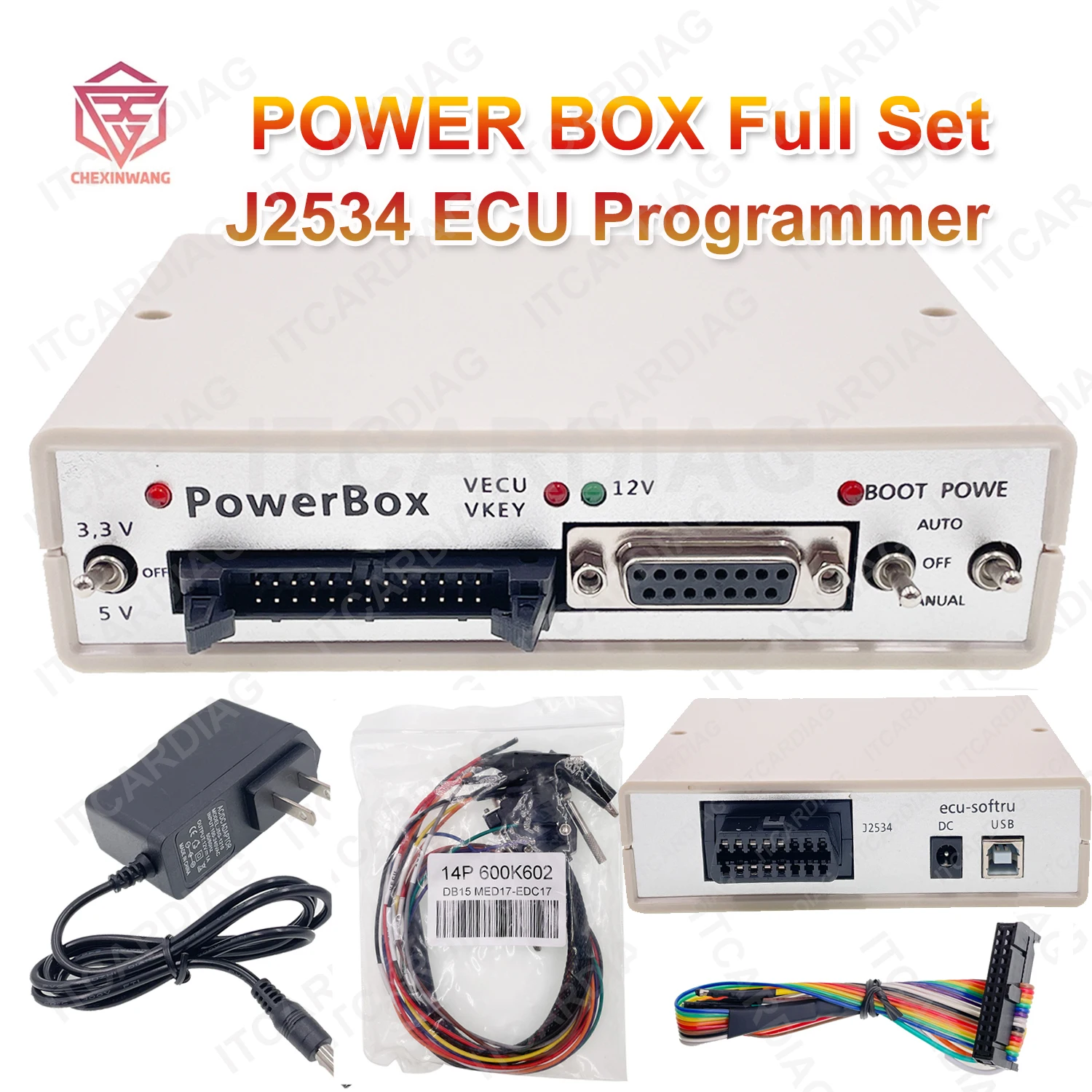 Power Box ECU Programmer JTAG PowerBox for PCM Flash Via J2534 Work with Openport 2.0 Power Box Connectors Full Adapters