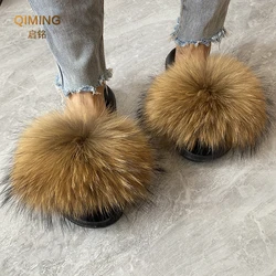 Summer Real Fur Slippers Plush Fluffy Raccoon Fur Slides For Women Flip Flop Flat Furry Outdoor Fashion Sandals Woman Shoes