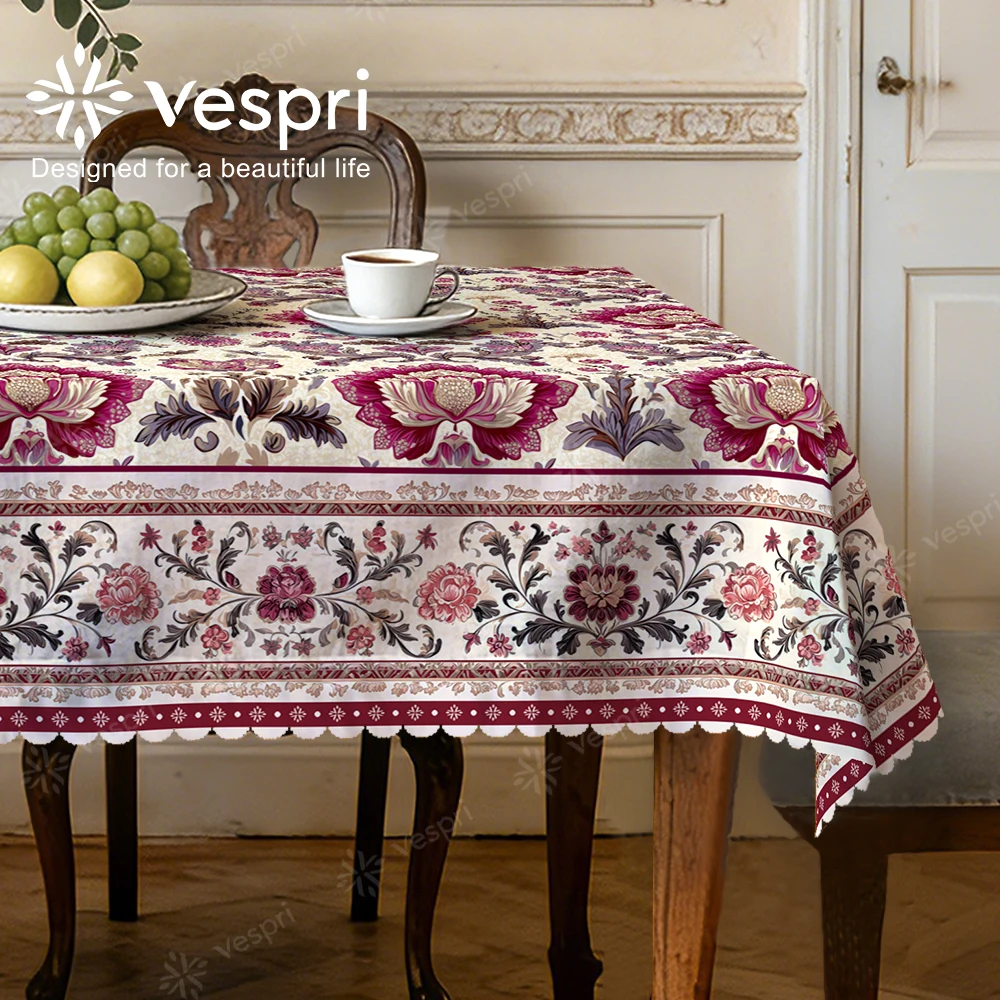 Vespri Frühlingstischdecke, florale Ostertischdecke, weiß, rote Blumen, Streifen, Pflanzen, rund, rechteckig, oval, Tischdecke aus Polyester