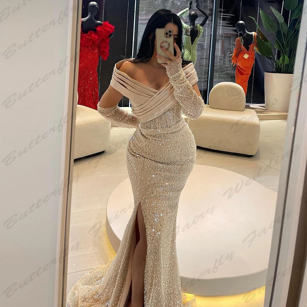 Luxe Sprankelende Nieuwe Avondjurken Voor Vrouwen Sexy Zeemeermin Off Shoulder Korte Mouw Hoge Split Elegante Feest Prom Jurken