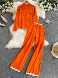 Women's Long Sleeved Knitted Sweater High Waist Slim Straight Leg Pants Two-piece Set Y2k Korean Autumn