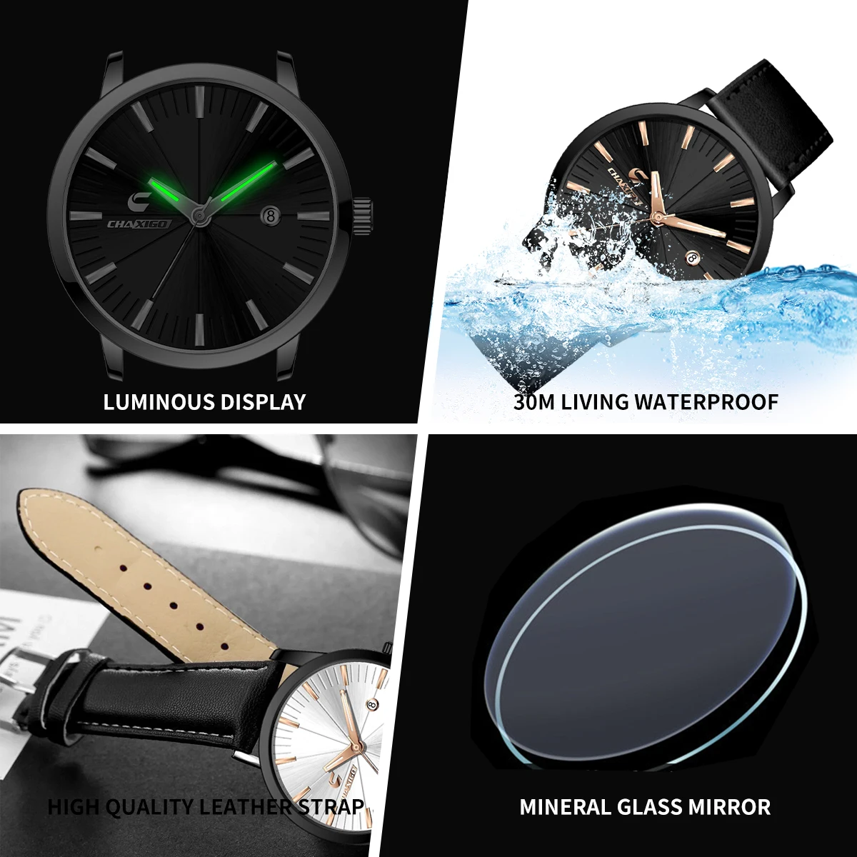 CHAXIGO-Reloj de pulsera de cuarzo para hombre, cronógrafo luminoso, resistente al agua, con correa de cuero, de lujo