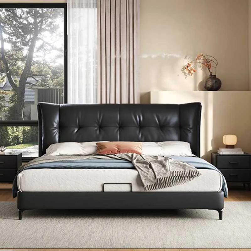 

Simple European Double Bed Frame Modern Leather Italian Wood Double Bed Twin Comferter Le Lit Pour 2 Personnes Bedroom Furniture