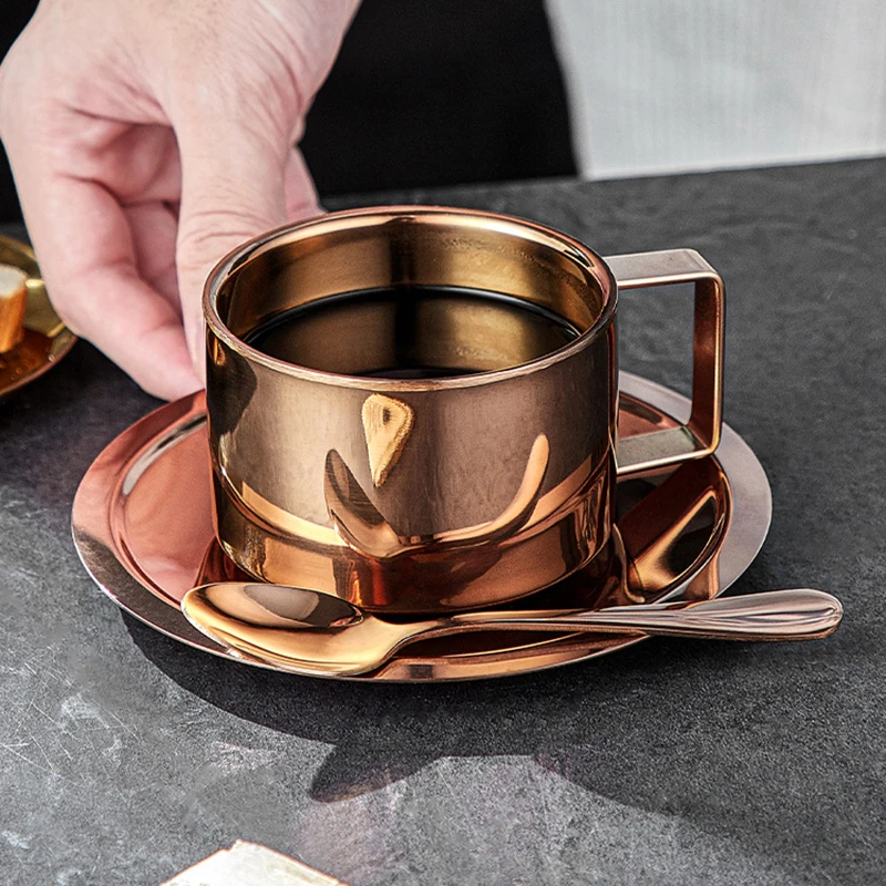 Stainless Steel Cups Saucers Kitchen Reusable Espresso Travel Luxury Cups Saucers Coffee China Juego De Tazas Tea Cups Sets