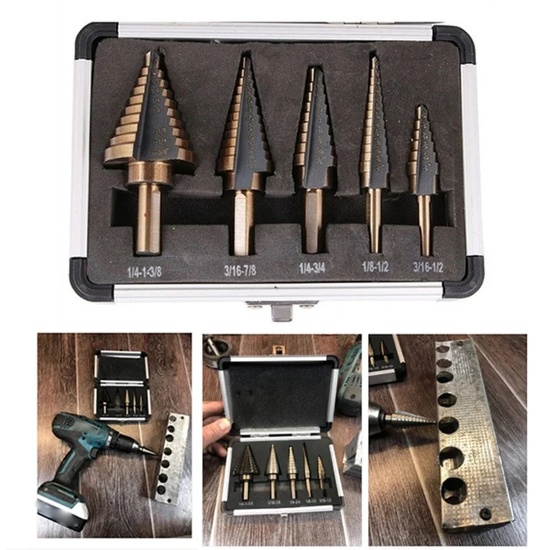 Step Drill Bit Opening Tool 5 Pieces Aluminum Box Pack High Speed ​​Steel Metal Pagoda Reaming Center Drill Bits