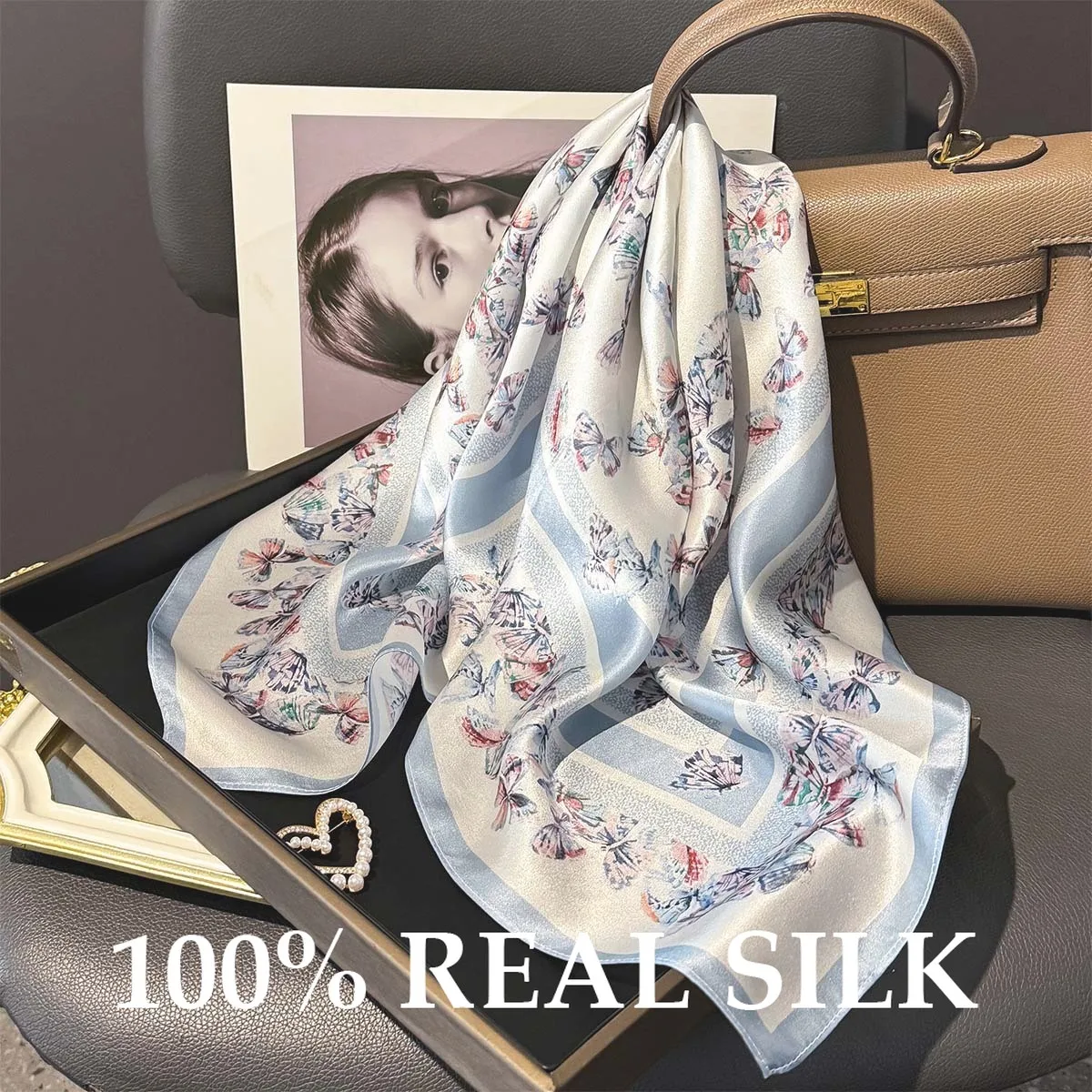 

100% Natural Silk Scarf Women Print Bandana 65cm Square Scarves Wrap Kerchief Spring Summer Fashion Luxury High-end Silk Hijab