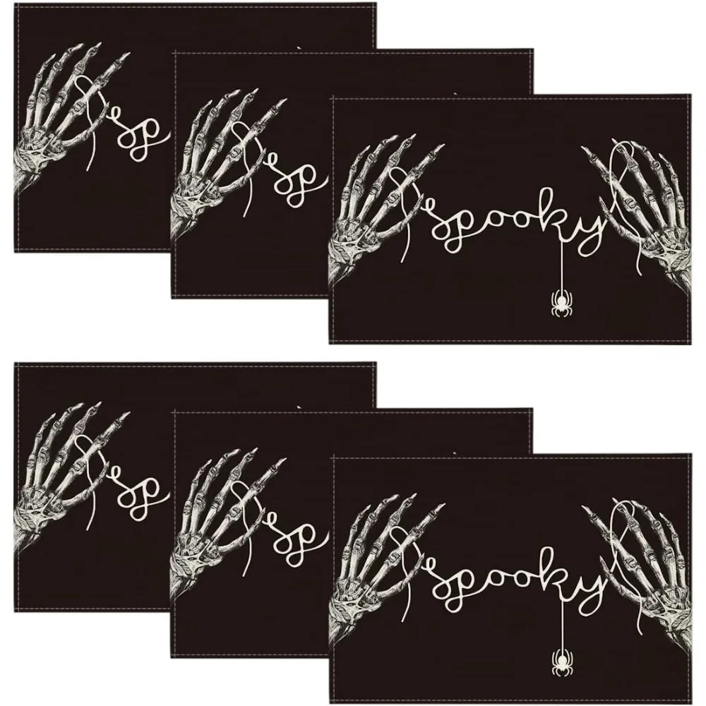 2025 Skeleton Hand Spooky Halloween Placemats Set Of 6, 12x18 Inch Fall Floral Spider Table Mats For Party Kitchen Dining