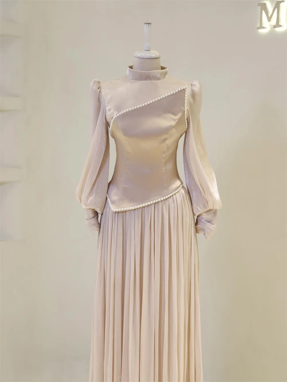 Mila Puff Sleeve Pearl Prom Dresses High Neck Draped Customized Evening Dresses Elegant Floor-Length vestidos de fiesta 2025