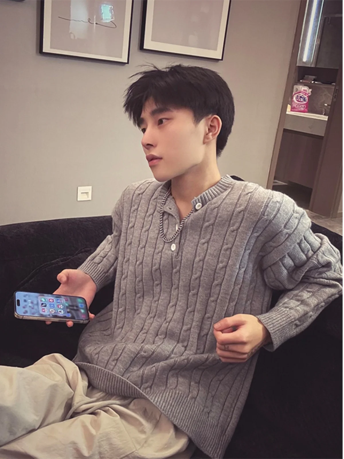 

Мужской вязаный свитер American Style с воротником Хенли, зимний, повседневный, молодежный, с длинным рукавом, круглым вырезом, с узором «косы»