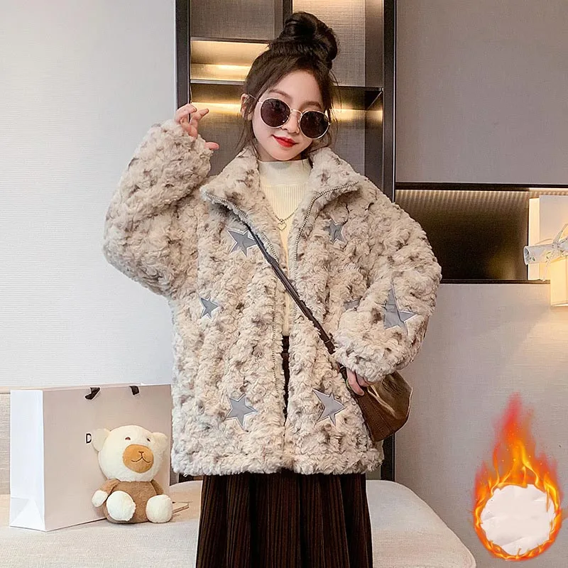 

2024 Winter School Girl Lamb Wool Coat Children Girl Star Thicken Zipper Sweat Jacket Junior Girl High Collar Warm Coats