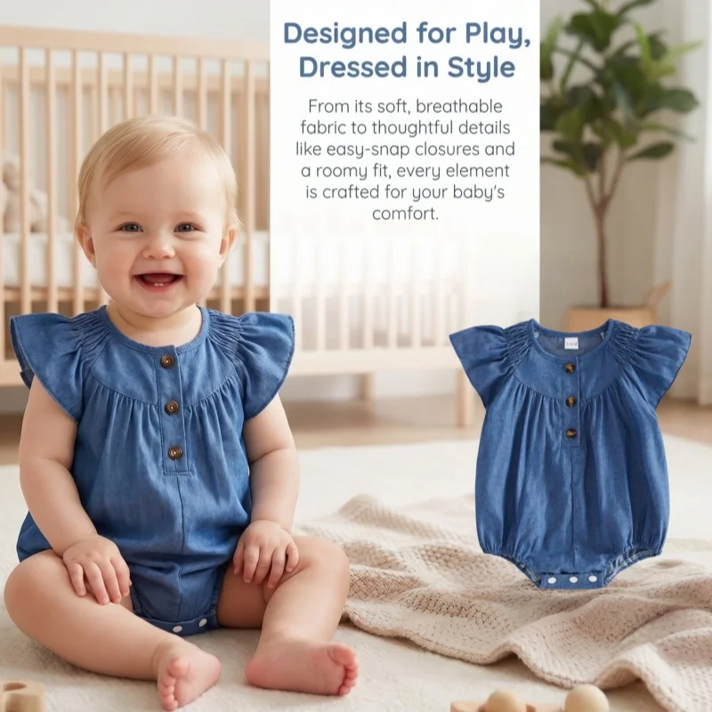 

Newborn Baby 0-18M Denim Romper Girls Sleeveless Bodysuit Infant Solid Color Summer Thin Onesie Cotton Jumpsuit
