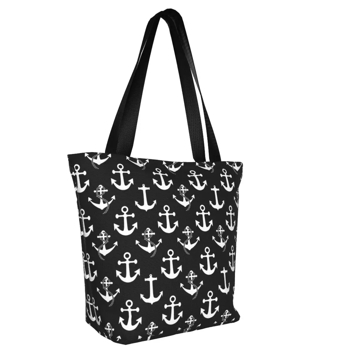 Custom Black And White Nautical Anchor Pattern Shopping Bag Women Shoulder Canvas Tote Bag Portable Grocery Shopper Bags