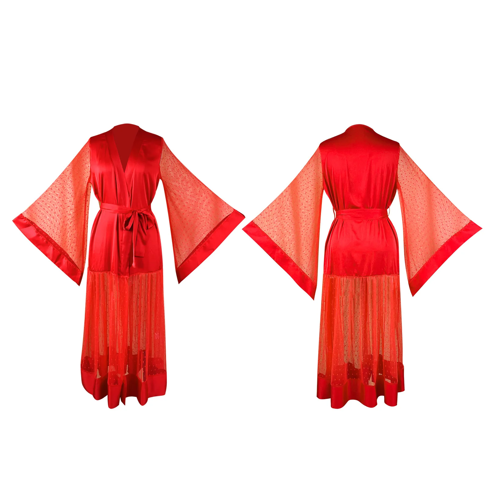 Women's Satin Nightgown Polka Dot Mesh Stitching Horn Sleeve Long Skin-friendly Breathable Loungewear Cw38766