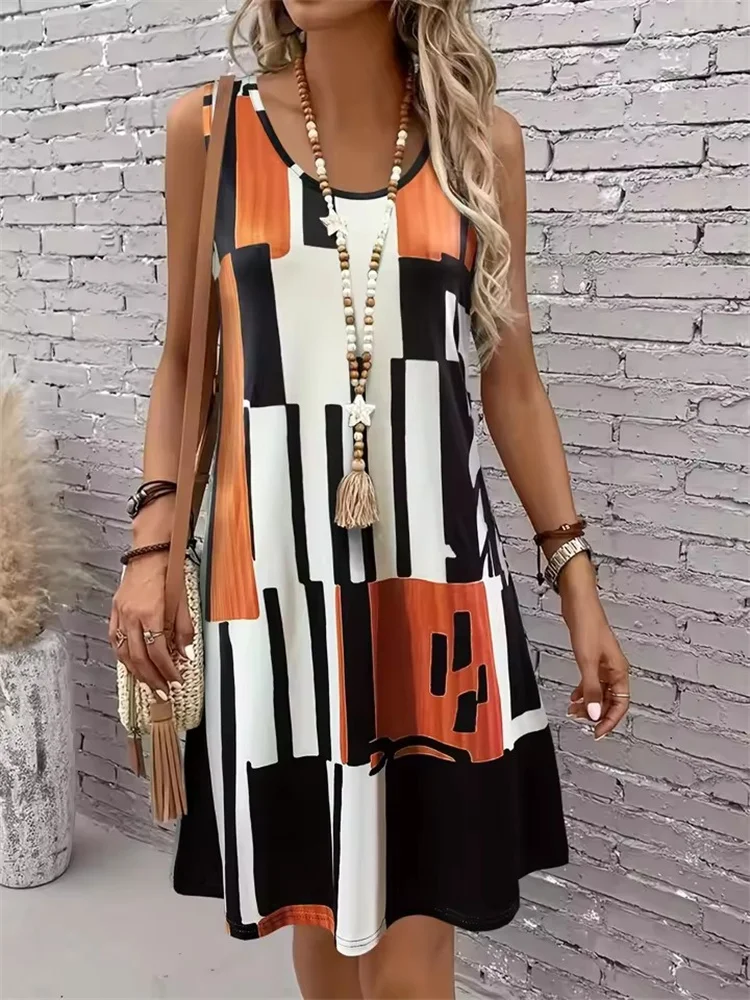 2025 nieuwe mode damesjurk casual strand ronde hals mouwloze losse jurk zomer damesvest gestreepte print jurk zonnejurk