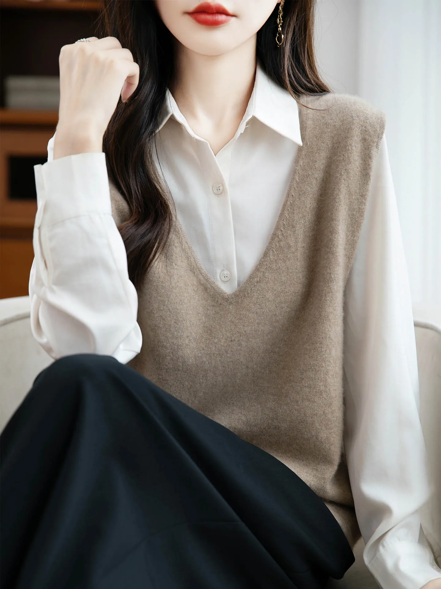 المرأة 100% ميرينو الصوف للنساء سترة بلا أكمام الخامس الرقبة الخريف الشتاء نمط جديد البلوز الصلبة فضفاضة مريحة الكشمير