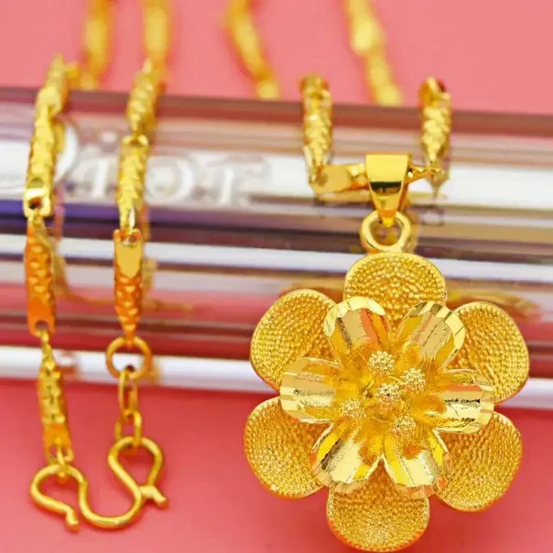 High quality 24k pure gold necklace 999 necklace 3D large pendant AU750 large flower womens luxury quality jewelry