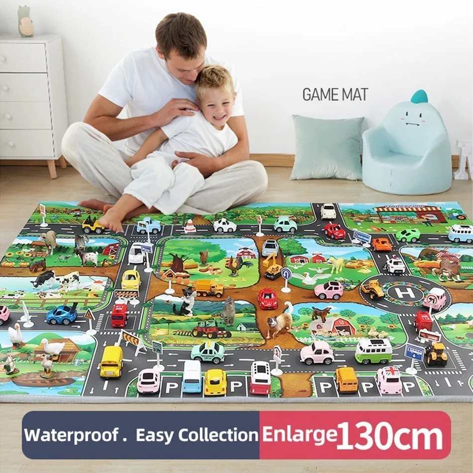 Tapete de juego para niños, superficie de actividad, mapa impermeable, juguete de carretera de animales para niños, alfombra portátil de carretera de dinosaurio para bebé, estera no tóxica para granja y carretera