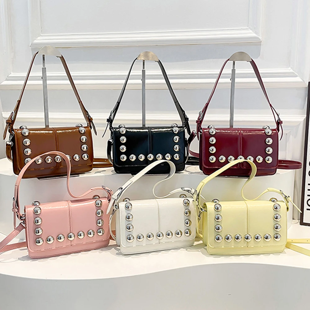 

Light Luxury New Rivet Design Underarm Bag Trendy Women New Soft PU Leather Red Small Square Handbag Fashion Solid Crossbody Bag
