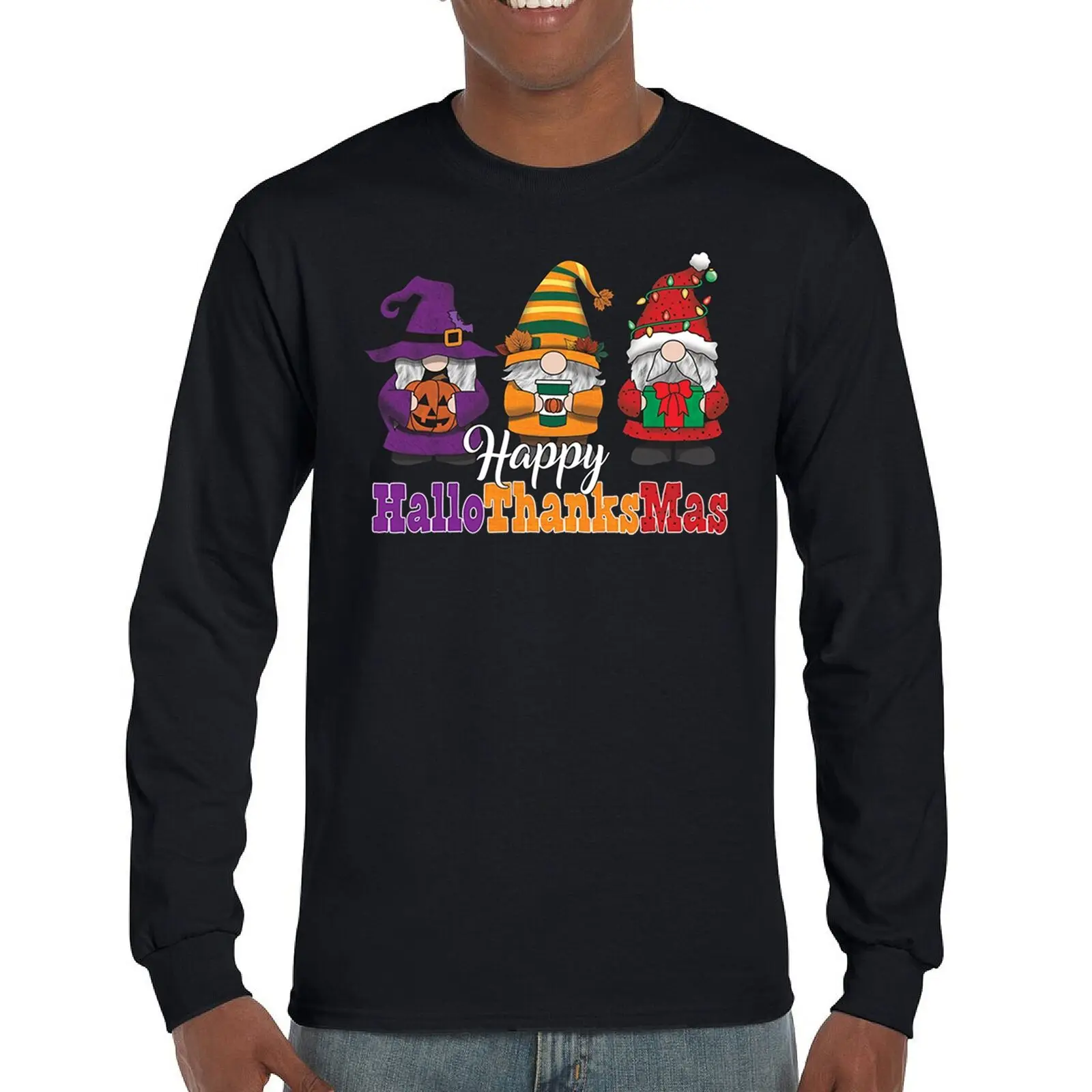 

HallowThanksMas Long Sleeve T-shirt Gnomes Halloween Thanksgiving Christmas