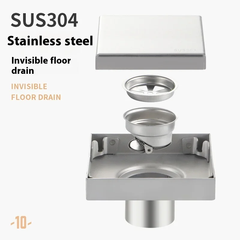 304 stainless steel invisible floor drain, black square bathroom, toilet, shower room, hidden drainage, anti odor floor drain
