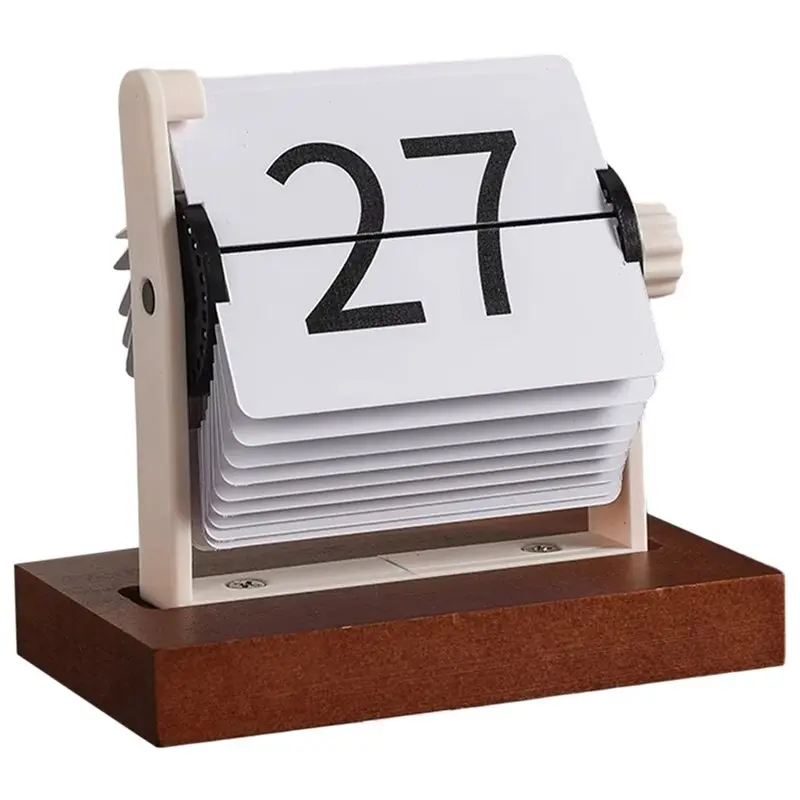 ABUN-Vintage Flip Desktop Calendar-Wooden Perpetual Calendar With Rotating Mechanism, Nordic Minimalist Home Office Decor