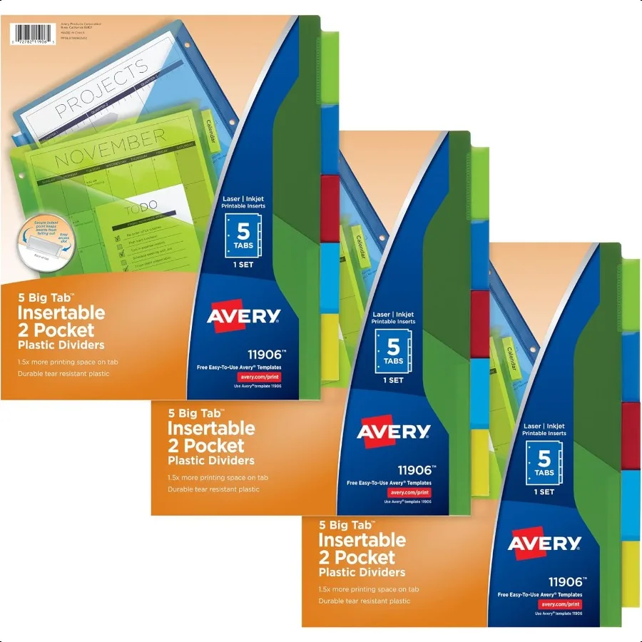 

Dividers for 3 Ring Binders 5Tab Sets TwoPocket Plastic Binder Dividers with Tabs Multicolor 3 Sets 71906
