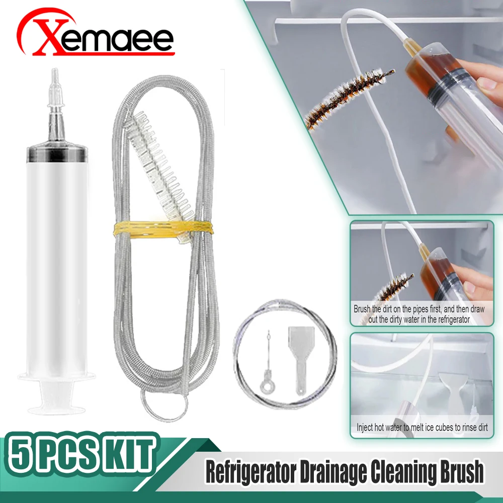 5Pcs Refrigerator Drain Clean Brush Wash Brush Suction Syringe Hose Fridge Cleaner Stick Dredge Tool 1.5m Fridge Drain Hole Kit