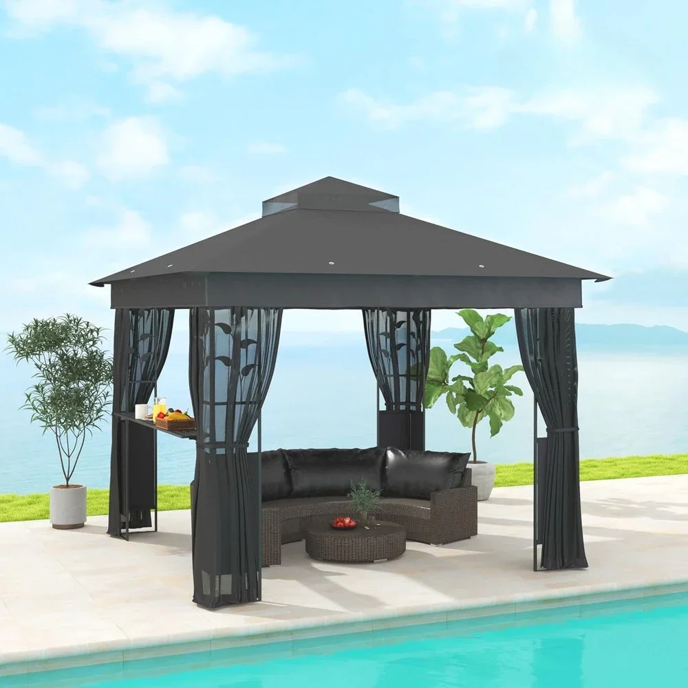 

Outdoor Gazebo with Shelves and Netting, Double Roof Patio Gazebo Canopy Shelter, UV30+ Protected for Lawn, Backyard and Deck