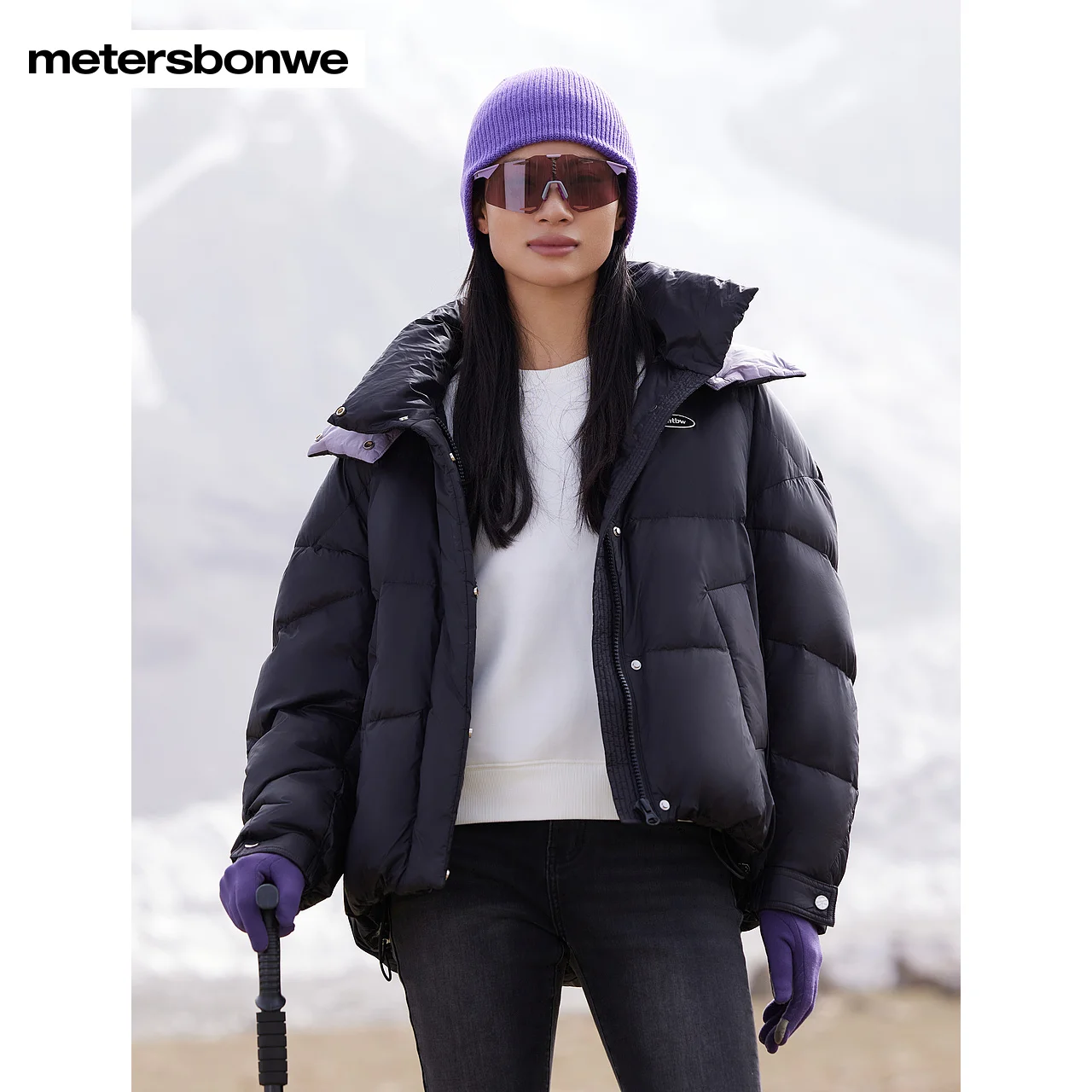 

Metersbonwe-Women's Color Clash Hooded Stand Collar Ultra-Loose Version 85% Duck Down Coats Academy Casual Winter