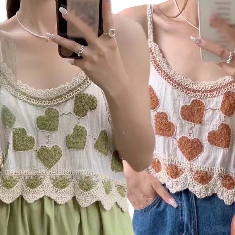 

Women Camisole Lace Trim Heart Embroidery Wavy Hem Crop Top Vest P8DB