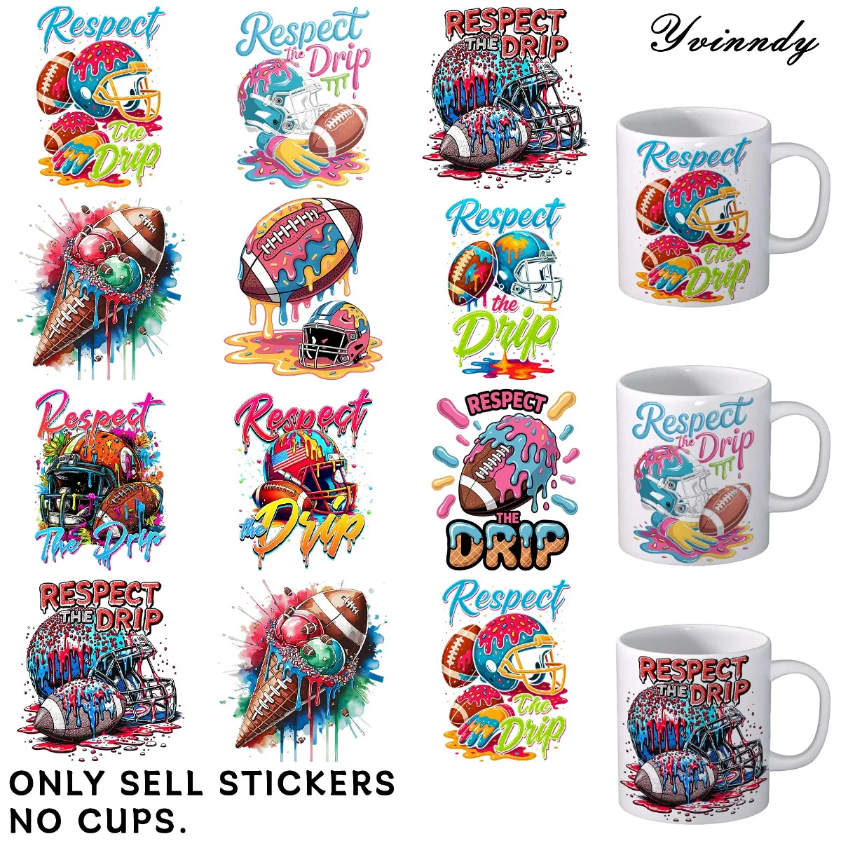 

Листы для переноса УФ-излучения DTF, обертывания для чашек Mark, 12 шт. Поважение узоров в регби, случайный дизайн, водонепроницаемая бумага для переноса УФ- DTF