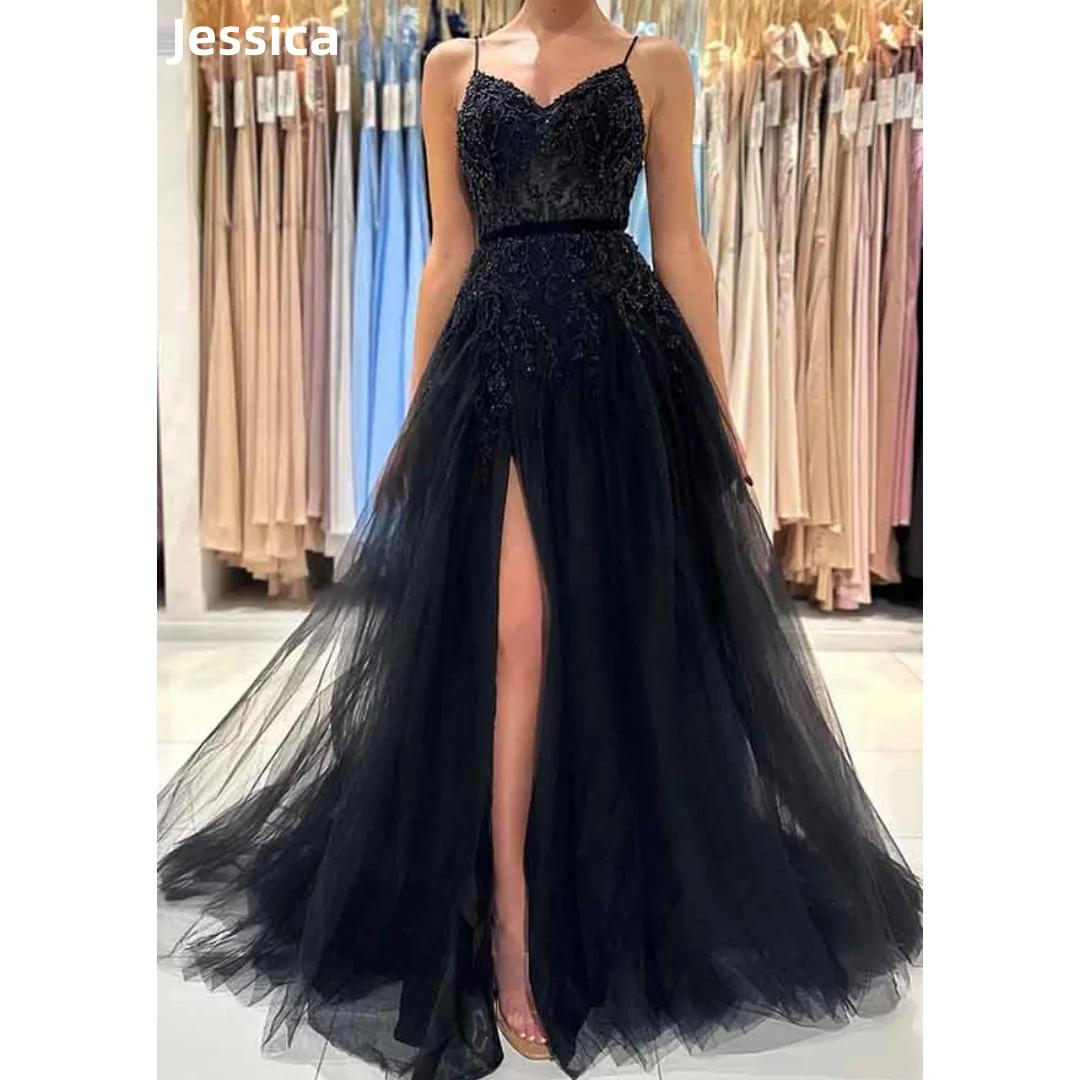 

Jessica Spaghetti Straps In Black Prom Dresses Extravagant Beading Evening Dresses A-line Tulle Wedding Party Dress فساتين سهرة