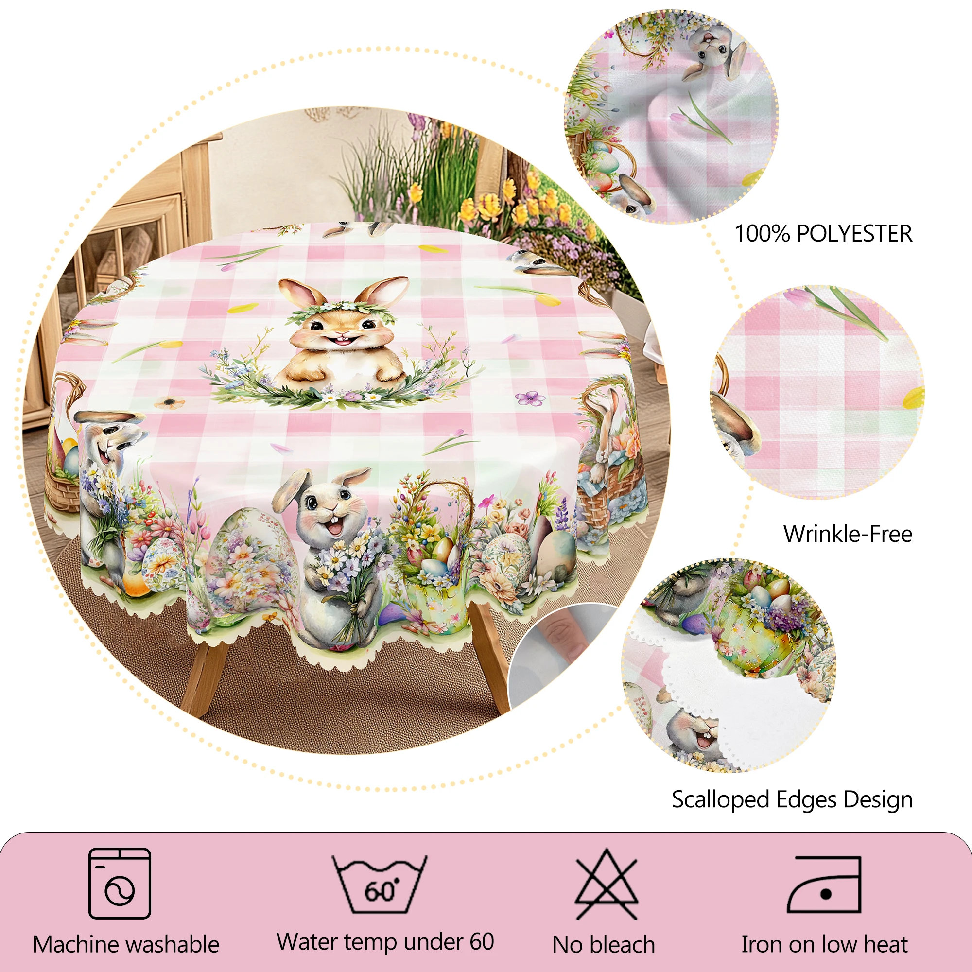 1 Easter Round Tablecloth, 5 Sizes Available, Tulip Easter Bunny Egg Plaid Printed Square Tablecloth, Edge Embossing Process, Spring Garden