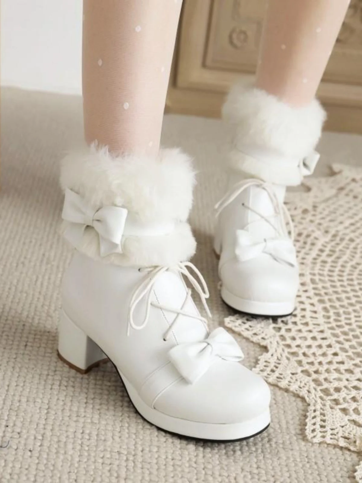 Japanese Women's Boots Bow Autumn Winter Fluffy Short Boot Lolita High Heel JK Uniform White Shoes High