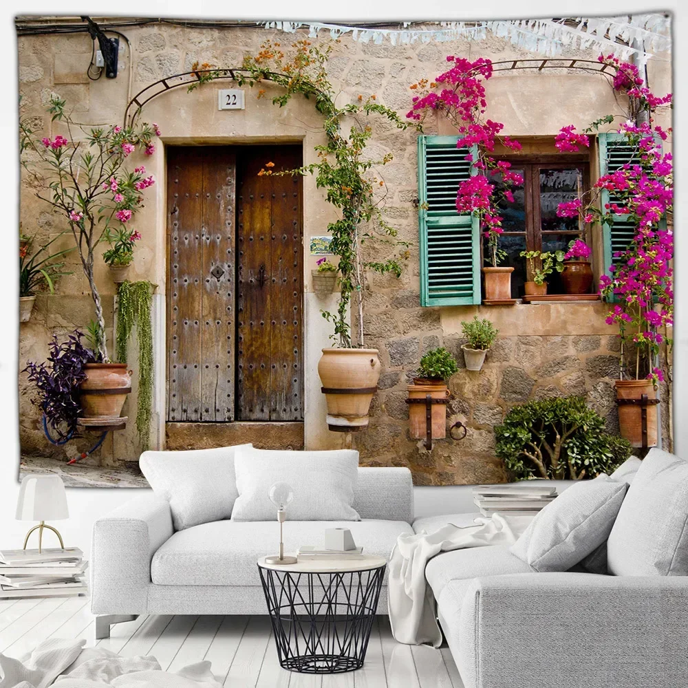 Street Landscape Tapestry Mediterranean Architecture Green Plants Flowers Rustic Doors Windows Patio Wall Hanging Decor