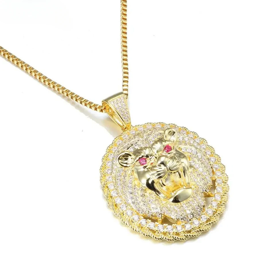 

White Gold Cz Pendant Round Lion Head Men's and Women's Hip Hop Necklace Full Diamond Gold Plated Jewelry