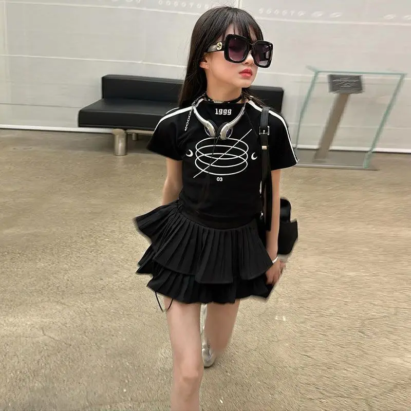 

2025 подростковая танцевальная детская одежда для девочек, хлопковый укороченный топ с короткими рукавами, футболка и многоуровневая плиссированная юбка в стиле хип-хоп 4, 5, 7, 8, 10, 12 лет