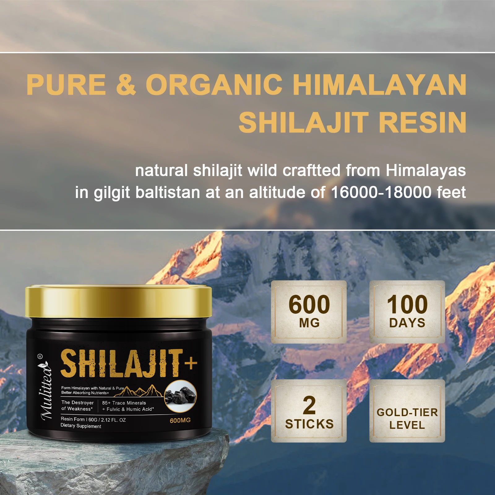 Mulittea 고순도 Shilajit 미네랄 보충제, 85 + 흔적 미네랄 및 풀빅산 함유, 남성 에너지 스태미나