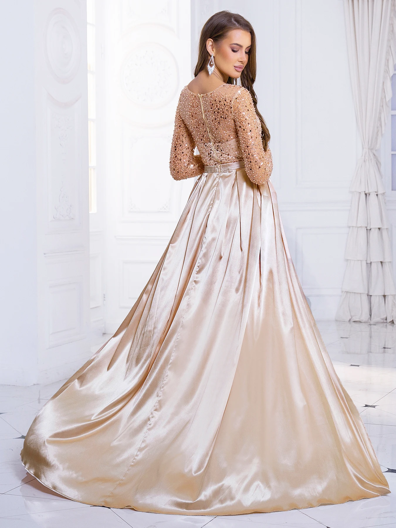 Sequined Floor Length Evening Party Dress Long Sleeve Prom Gown Padded O Neck Long with Detachable Satin Skirt Green Gold