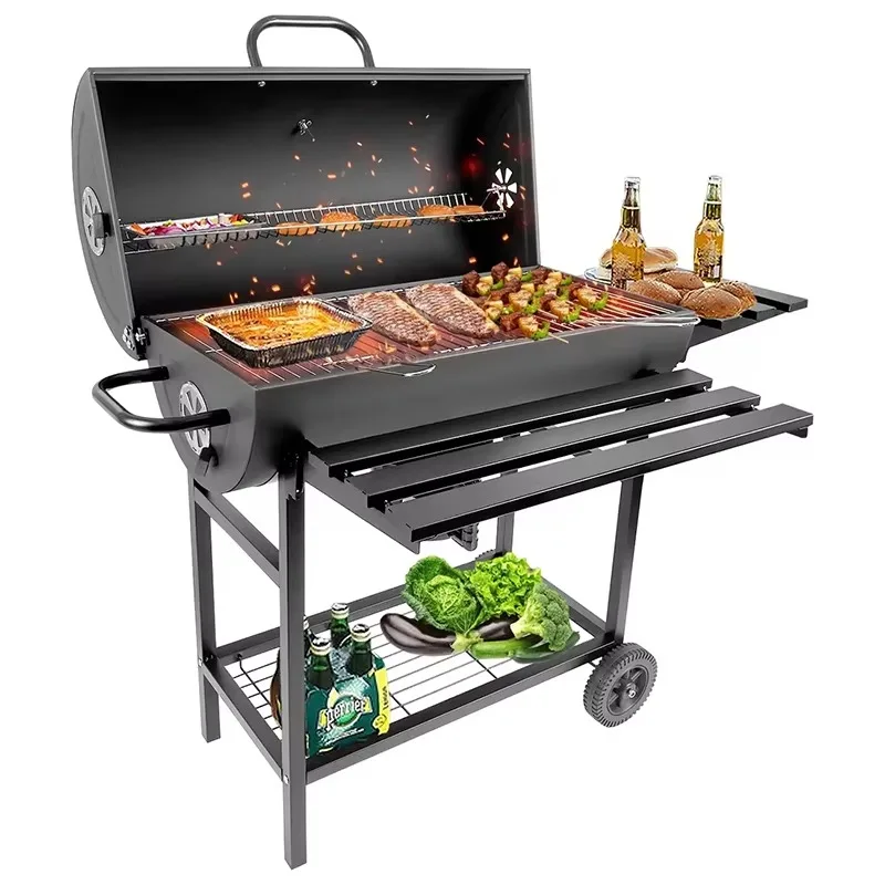 Cooking Grid Area Charcoal BBQ Grill, Barrel Charcoal Grills with Side Table for Outdoor Backyard Patio and Parties