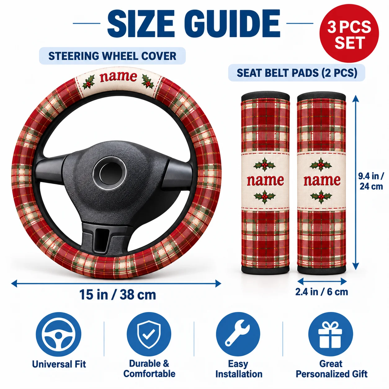 Custom Steering Wheel Cover Milk Silk PEVA Custom Steering Wheel Cover Seat Belt Pad Set for Driving Travel Commute Car Decor