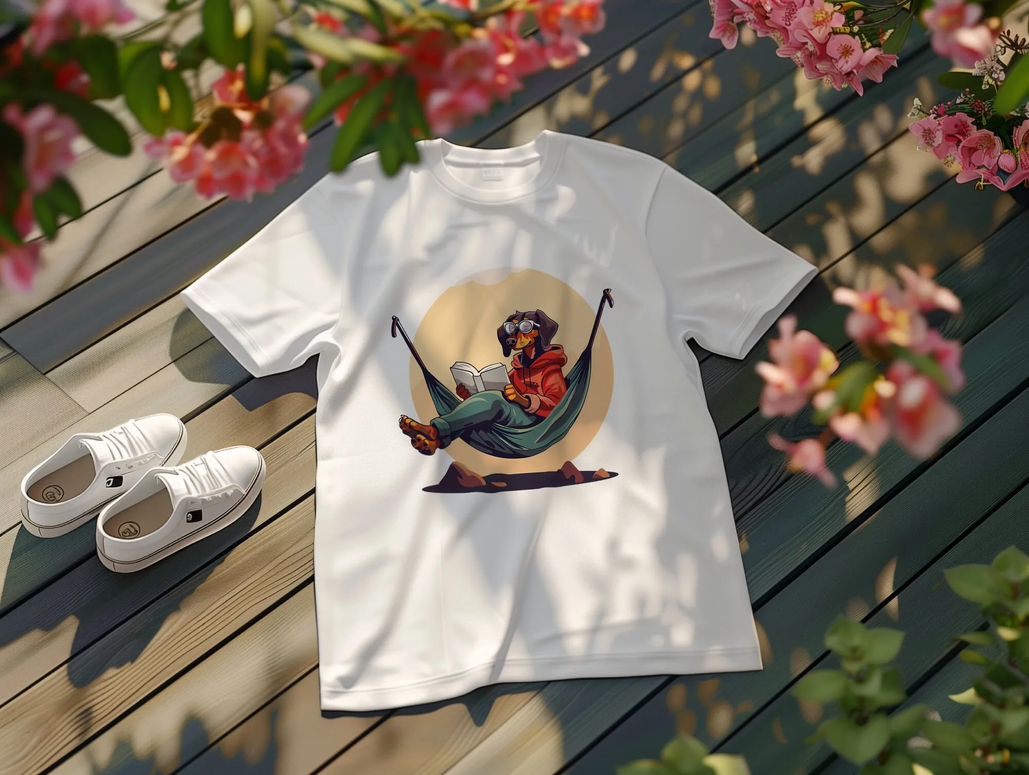 Dachshund Reading on Hammock T Shirt Unique Dog Lover's Casual Canine Design Top Book Lover Pet Inspired Apparel