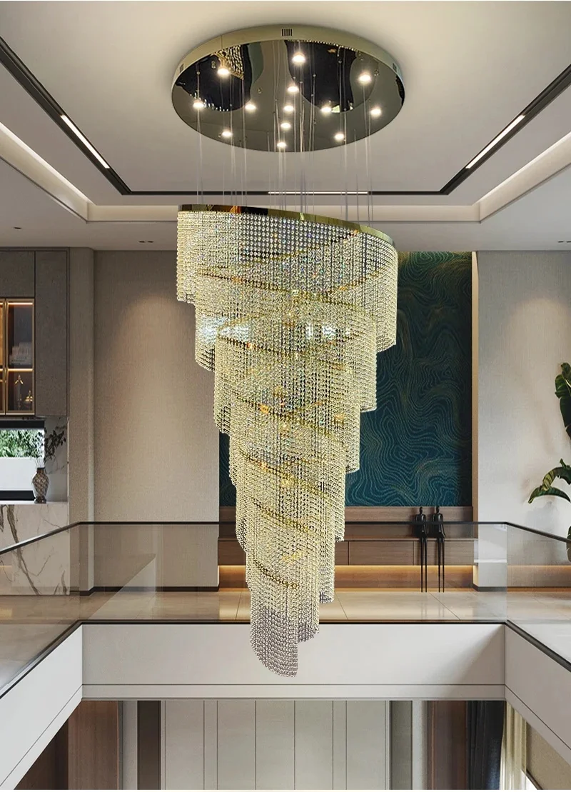 Creative Crystal Staircase Chandelier Modern Spiral Design Lamp Led Luxury Round Lighting Fixture New Round Gold Chrome Lustre - view 2