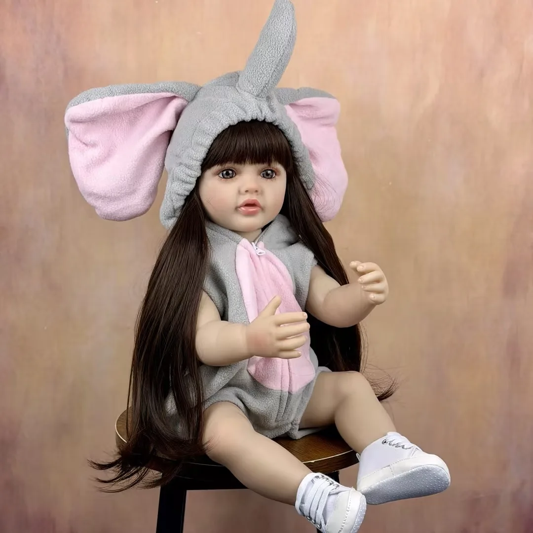 دمية بي زي دول 55 سم بجسم كامل من الفينيل، دمية أطفال معاد تصنيعها، لعبة تلبيس بشعر بني طويل، دمية أميرة صغيرة حلوة مصنوعة يدويًا، هدية عيد ميلاد