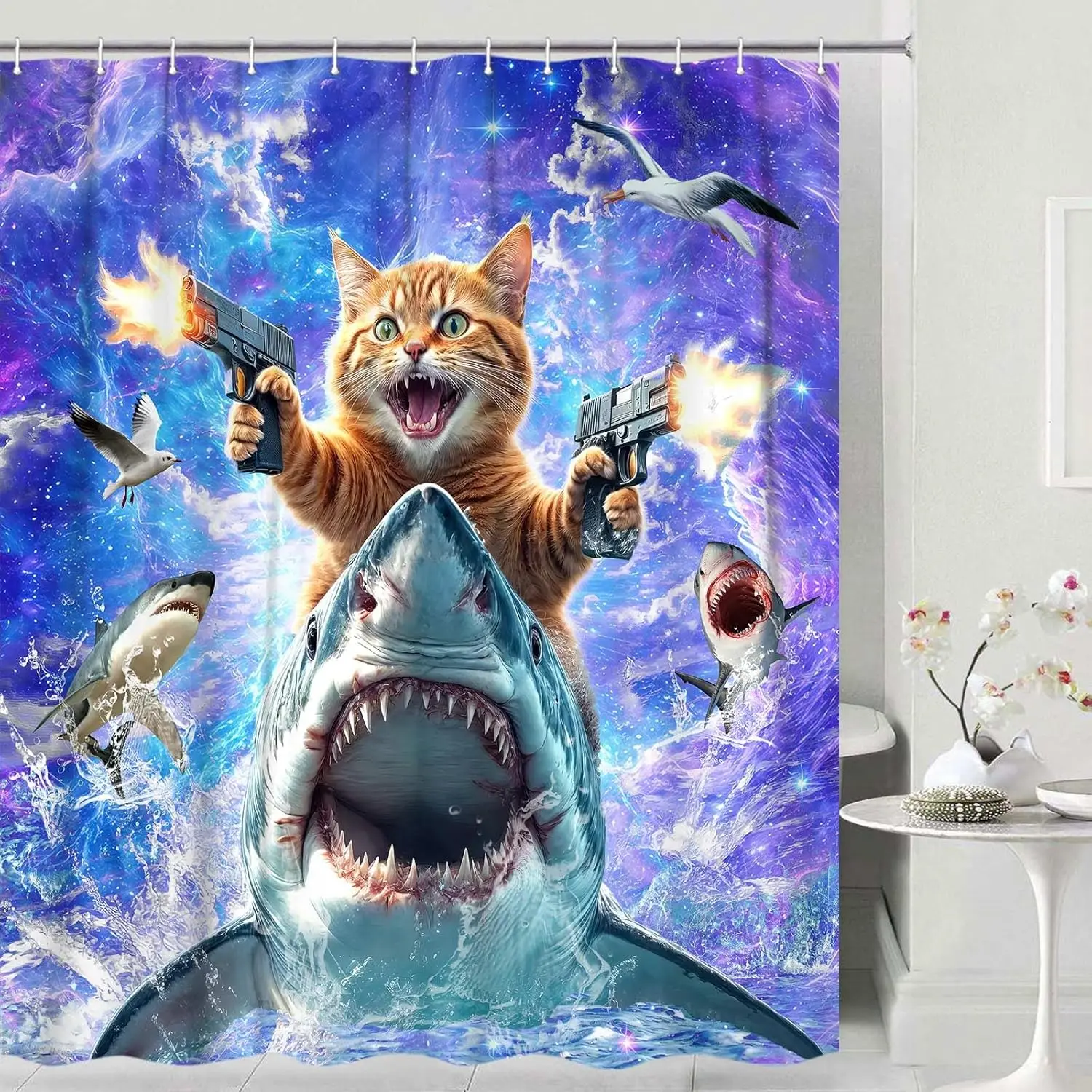 

Funny Cat Shower Curtain Set,Cute Cat Riding Dinosaur Theme Ocean Curtains for Bathroom Fun Nautical Kids Decor Polyester Fabric