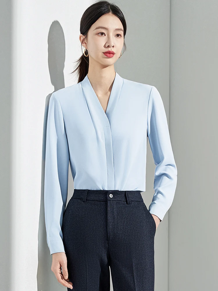 

Blue V-Neck Long Sleeve Commute Style Women's Shirt Elegant Professional Interview Top High-End Feel Straight Cut Polyester F...