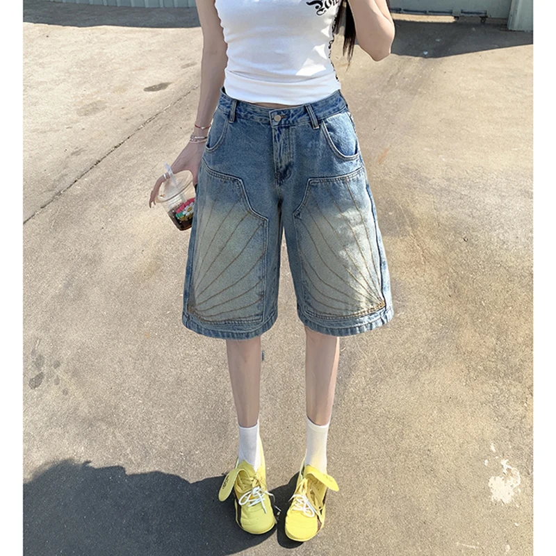 High Waist Blue Retro Washed Denim Shorts Women Summer Fashion Casual Loose Y2K Wide Leg Shorts Pants